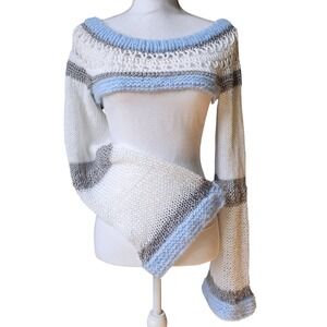 Crochet Knit Shrug Bolero Arm Warmers Sleeve Top Striped Blue White Gray